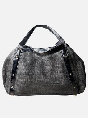 BANANA REPUBLIC CLASSIC🖤BLACK🖤WOVEN FAUX PATENT LEATHER TRIM TOTE BAG 🌟EUC🌟